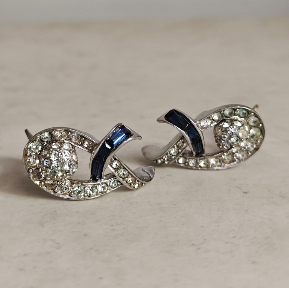 Signed Boucher Silver and Blue Crystal Earrings
